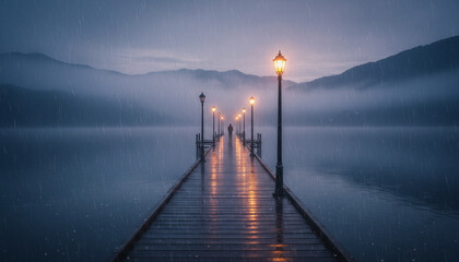 Pier's Gentle Path: A solitary silhouette walks towards glowing lights on a wooden pier extending into the calm waters, under a misty and poetic sky.