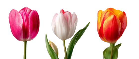A vibrant trio of tulips in varying colors of pink, white, and yellow, showcasing their delicate petals and lush green leaves against a soft, blurred background, perfect for floral-themed designs