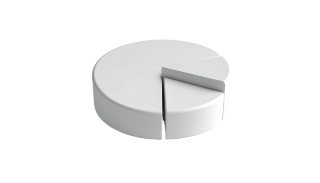 Pie chart section missing, white, isolated on black background