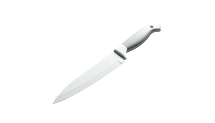 Pristine white kitchen knife on a stark black background