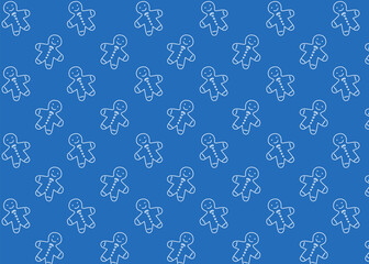 Seamless pattern of cute gingerbread men on a blue background. Festive Christmas-themed cookie illustration in a simple, minimal, and cozy style. Perfect for wrapping paper, holiday cards, textiles, 