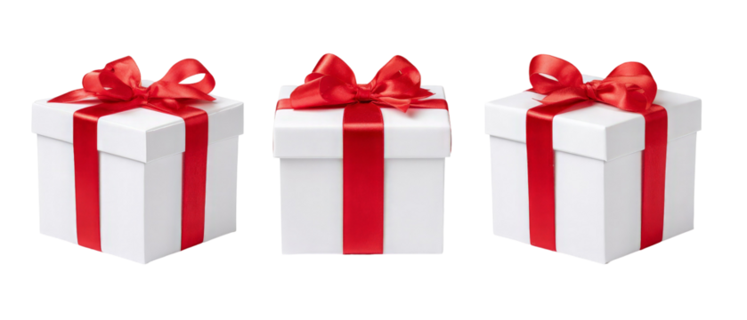 Three elegantly wrapped white gift boxes with red ribbons and bows, arranged in a row, set against a clean background, ideal for holiday celebrations or special occasions