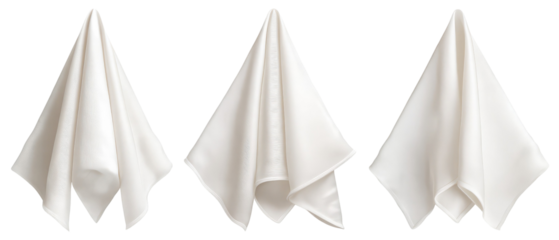 A trio of elegant white cloth napkins arranged in a cascading manner, showcasing their texture and fabric quality, perfect for dining table settings or event decor