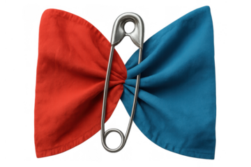Safety pin uniting red and blue fabric, symbolizing togetherness, connection, and social cohesion on transparent background