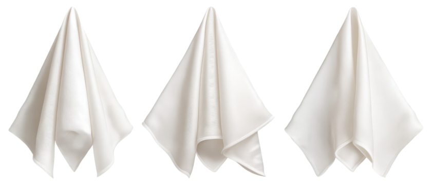 A trio of elegant white cloth napkins arranged in a cascading manner, showcasing their texture and fabric quality, perfect for dining table settings or event decor