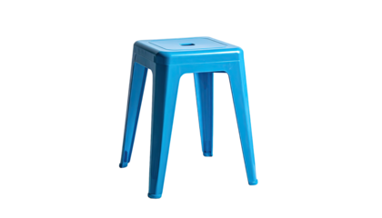 Blue, plastic, stackable, simple stool against black backdrop