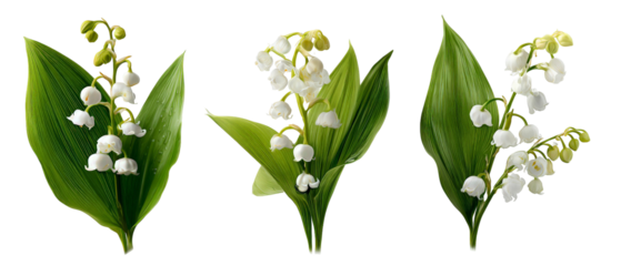 A close-up view of delicate lily of the valley flowers arranged beautifully with lush green leaves, showcasing their natural elegance in a serene garden setting