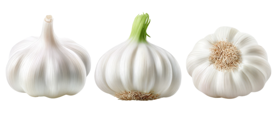 A close-up view of three distinct garlic bulbs showcasing their unique shapes and textures, with a clean white background enhancing their natural beauty, suitable for culinary or health-related uses