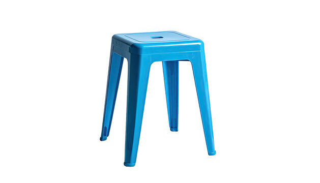 Blue, plastic, stackable, simple stool against black backdrop