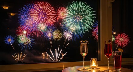 New year celebration with firework display and beverages near glass window at night