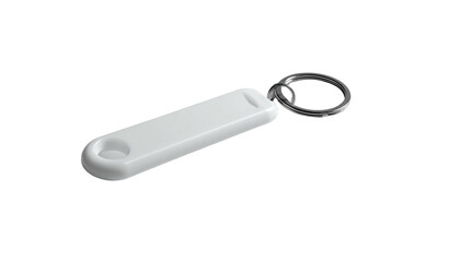 White elongated key fob on keyring, isolated on black backdrop