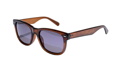 Brown sunglasses with grey lenses on a solid black background
