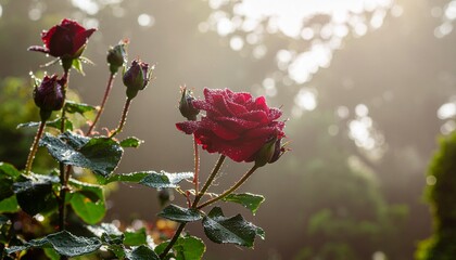 Mawar merah romantis berkilauan dengan tetesan embun pagi