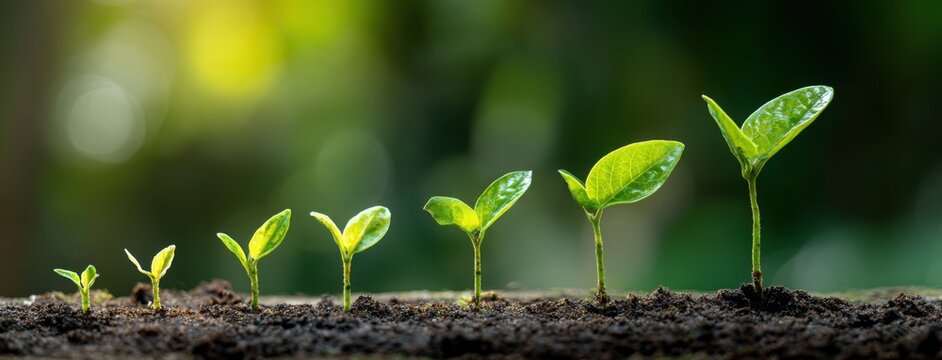 Seedling growth stages Growing plants sequence in rich soil