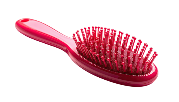 Hot pink oval hairbrush with bristles isolated against black