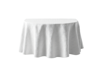 Round white tablecloth with embossed floral pattern draped over a table fabric textile