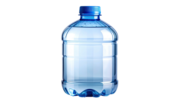 Plastic bottle, filled halfway, blue cap, on a black background