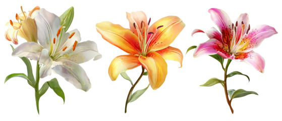 A vibrant arrangement of three distinct lily flowers showcasing a variety of colors and textures, set against a transparent background, ideal for floral-themed designs or decorations