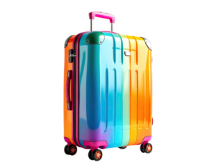 Colorful suitcase with striped rainbow hue and metallic hardware