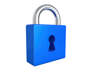 Glossy blue padlock with silver shackle and keyhole