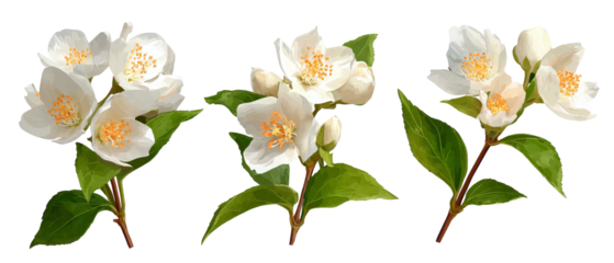 A serene arrangement of delicate white jasmine flowers in various stages of bloom, set against a transparent background, perfect for botanical illustrations or floral designs