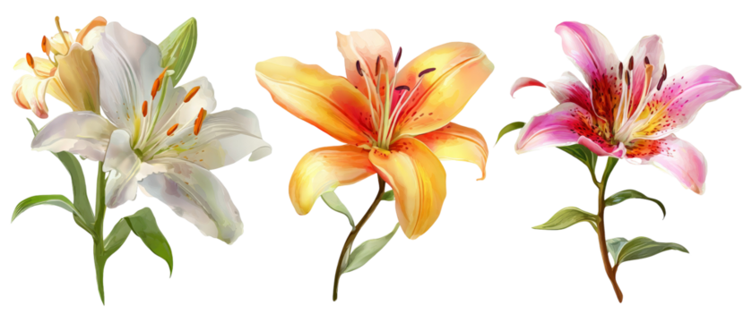 A vibrant arrangement of three distinct lily flowers showcasing a variety of colors and textures, set against a transparent background, ideal for floral-themed designs or decorations