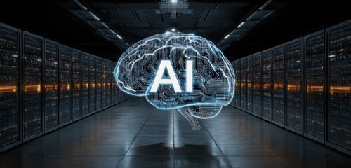 Artificial Intelligence Brain in Futuristic Data Server Room
