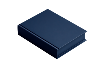 Closed dark blue hardcover book on black background with subtle lighting image