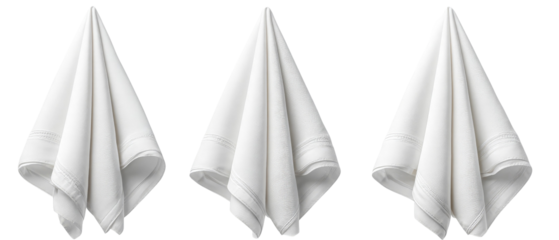 Three neatly folded white napkins arranged symmetrically on a clean surface, suggesting a dining setting, with a minimalist aesthetic suitable for restaurant or event planning
