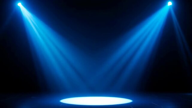Bright Blue Stage Lights Illuminating Empty Platform with Dramatic Smoke Effects on Dark Background