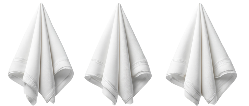 Three neatly folded white napkins arranged symmetrically on a clean surface, suggesting a dining setting, with a minimalist aesthetic suitable for restaurant or event planning