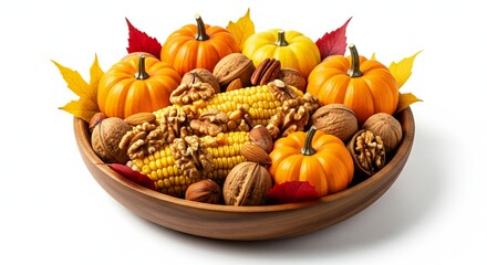 ThanksGiving Day Warm autumn harvest centerpiece with mini pumpkins, corn, walnuts, and fall leaves perfect for Thanksgiving celebrations and seasonal decor projects, evoking cozy and festive feelings