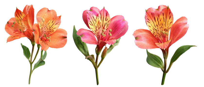 A vibrant arrangement of three colorful alstroemeria flowers showcasing their intricate petals and lush green leaves against a transparent background, ideal for floral design projects