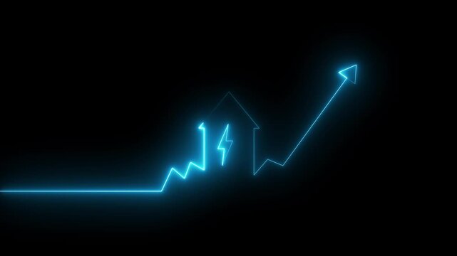 Glowing neon house with rising arrow and lightning bolt, energy growth and power efficiency concept, electricity cost increase, futuristic smart home energy chart, blue light technology background