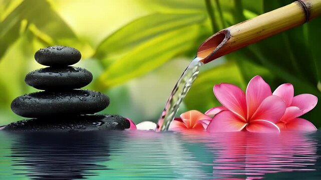 Zen still life water feature with bamboo spout and pink flower