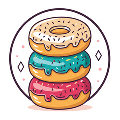 Stack of three colorful donuts with pink, blue, and brown glaze, decorated with sprinkles, delicious dessert illustration	
