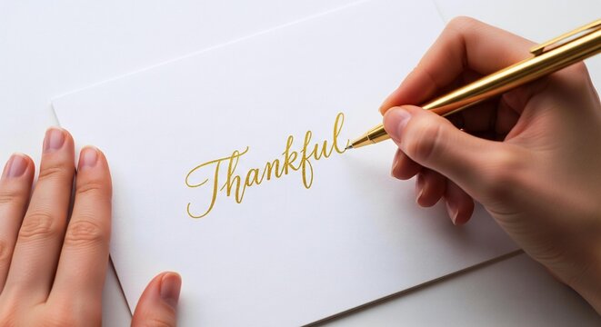 ThanksGiving Day Express heartfelt gratitude with an elegant handwritten card expressing thankfulness using a golden pen, perfect for celebrations, invitations, and personalized messages of appreciati