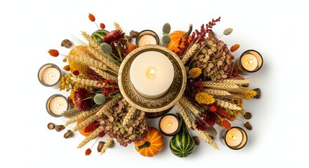 ThanksGiving Day Warm autumn glow with pumpkins, wheat, and candles creating a cozy Thanksgiving centerpiece for seasonal celebrations, harvest festivals, and rustic fall dÃ©cor, perfect for home