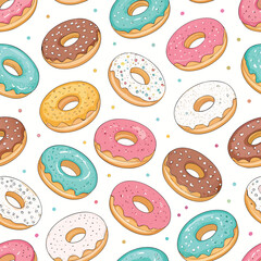Stack of three colorful donuts with pink, blue, and brown glaze, decorated with sprinkles, delicious dessert illustration	
