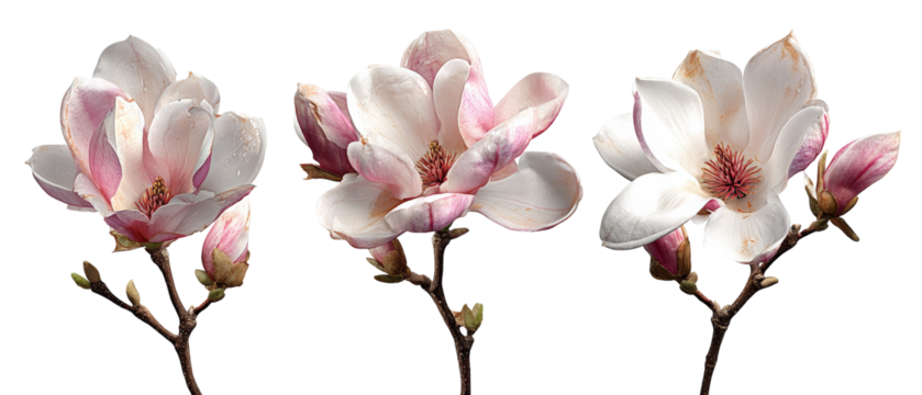 Three magnolia flowers in varying stages of bloom, showcasing delicate petals and buds against a black background, ideal for nature-themed projects or floral designs