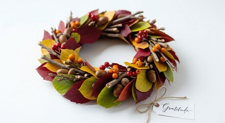 ThanksGiving Day Celebrate autumn with this beautiful wreath of colorful fall leaves and acorns, radiating cozy gratitude and a touch of nature's charm for your seasonal decor