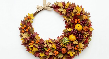 ThanksGiving Day Welcome autumn with a gorgeous handmade wreath displaying colorful fall leaves, bright berries, and mini pumpkins creating a festive, inviting, and warm seasonal vibe