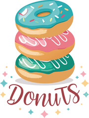 Stack of three colorful donuts with pink, blue, and brown glaze, decorated with sprinkles, delicious dessert illustration	
