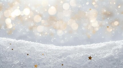 Winter Snowfield With Golden Bokeh Lights And Starry Sparkle Scene