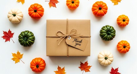 ThanksGiving Day Show your gratitude this Thanksgiving with a perfectly wrapped gift surrounded by colorful fall leaves and miniature pumpkins, a heartwarming sentiment for cozy autumn celebrations