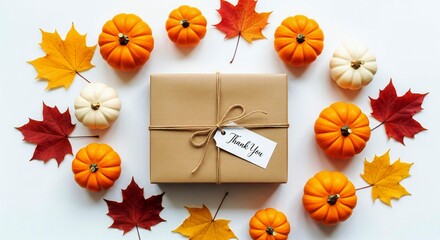 ThanksGiving Day Express your gratitude with this stunning autumn gift arrangement featuring vibrant pumpkins and colorful fall leaves - perfect for Thanksgiving promotions or seasonal greetings