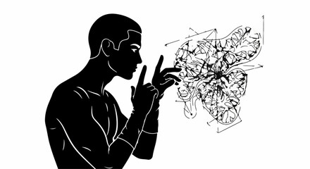 Man contemplating a complex, abstract idea visualized as a tangled network of thoughts.