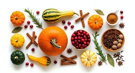 ThanksGiving Day Festive autumn harvest arrangement with vibrant pumpkins, cranberries, and warm spices creating a cozy Thanksgiving or fall baking concept, perfect for seasonal marketing and promotio