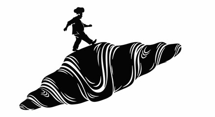 Whimsical silhouette of a person walking on a giant croissant, symbolizing a sweet journey or culinary adventure.