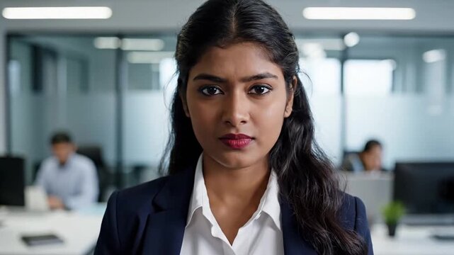 Close Up Portrait of Young Indian Woman in Business Atire with Blue Blazer in Open Office Environment with Blurred Background and Medium Lighting